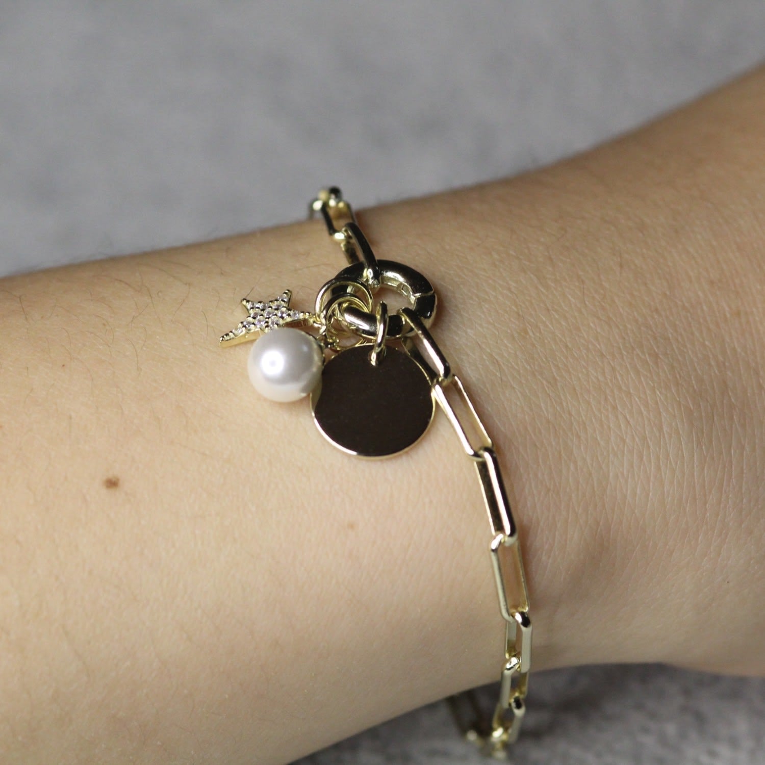 Pearl Star Circle Disk Charms Gold Vermeil Bracele