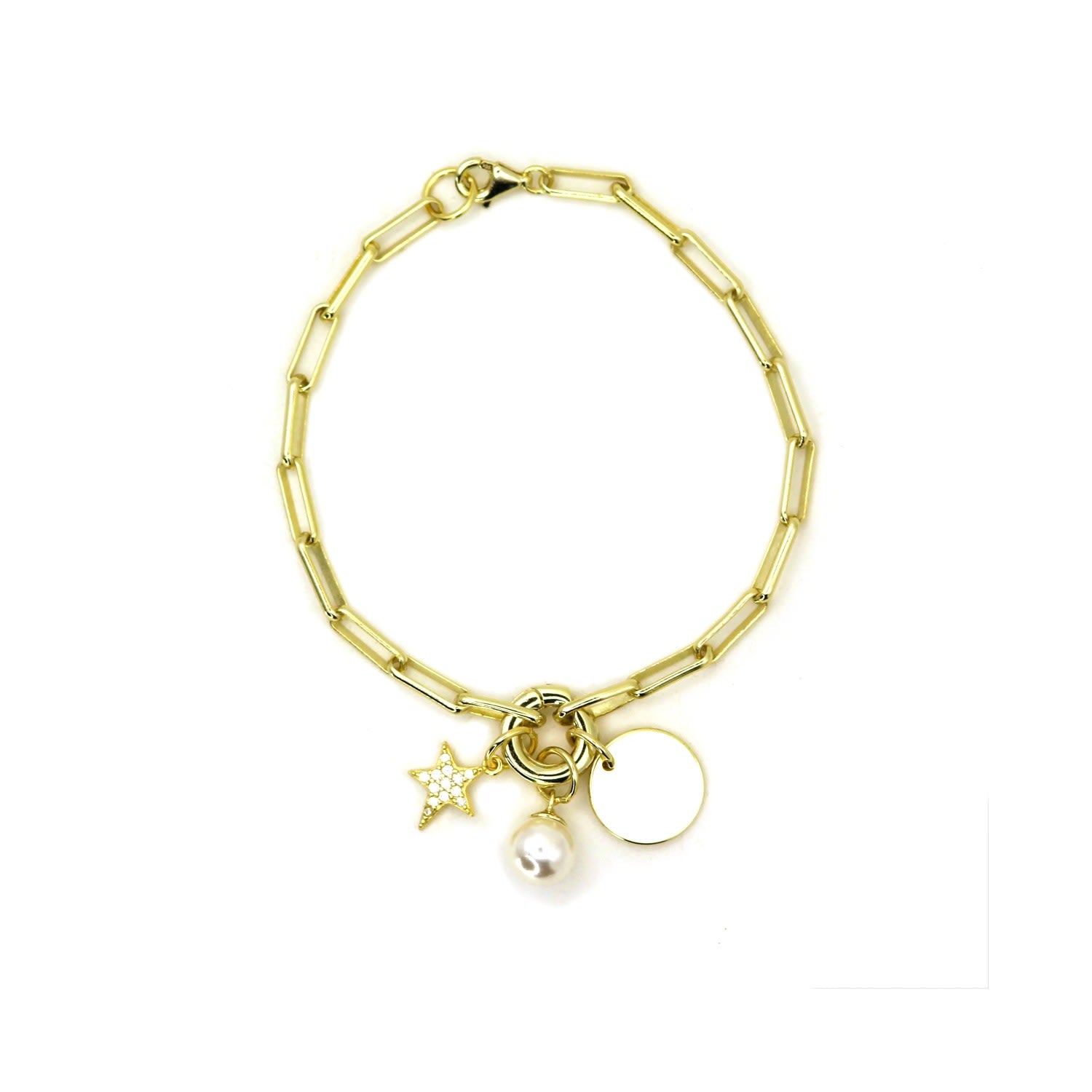 Pearl Star Circle Disk Charms Gold Vermeil Bracele