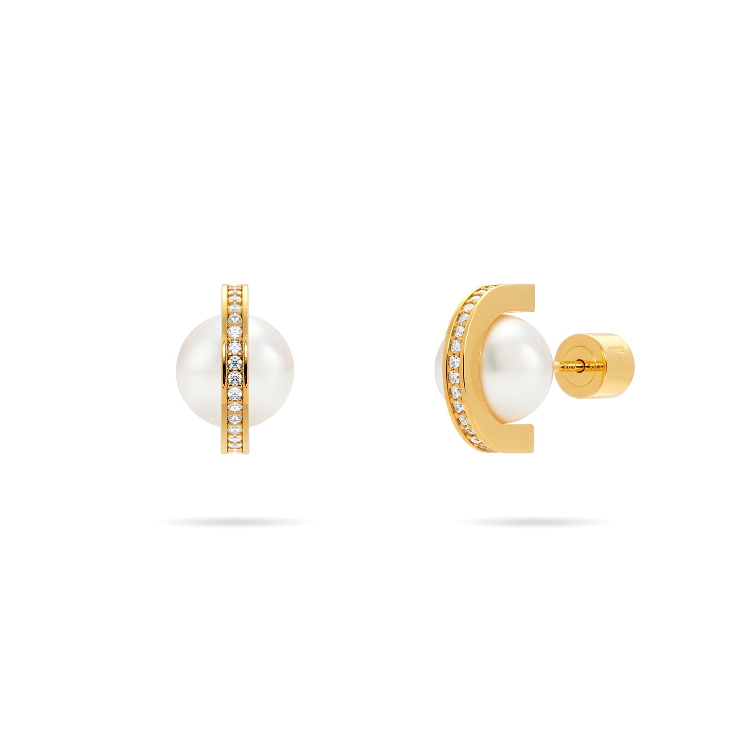 Pearl And Arc Stud Earrings - Gold, Six Millimeter Pearl