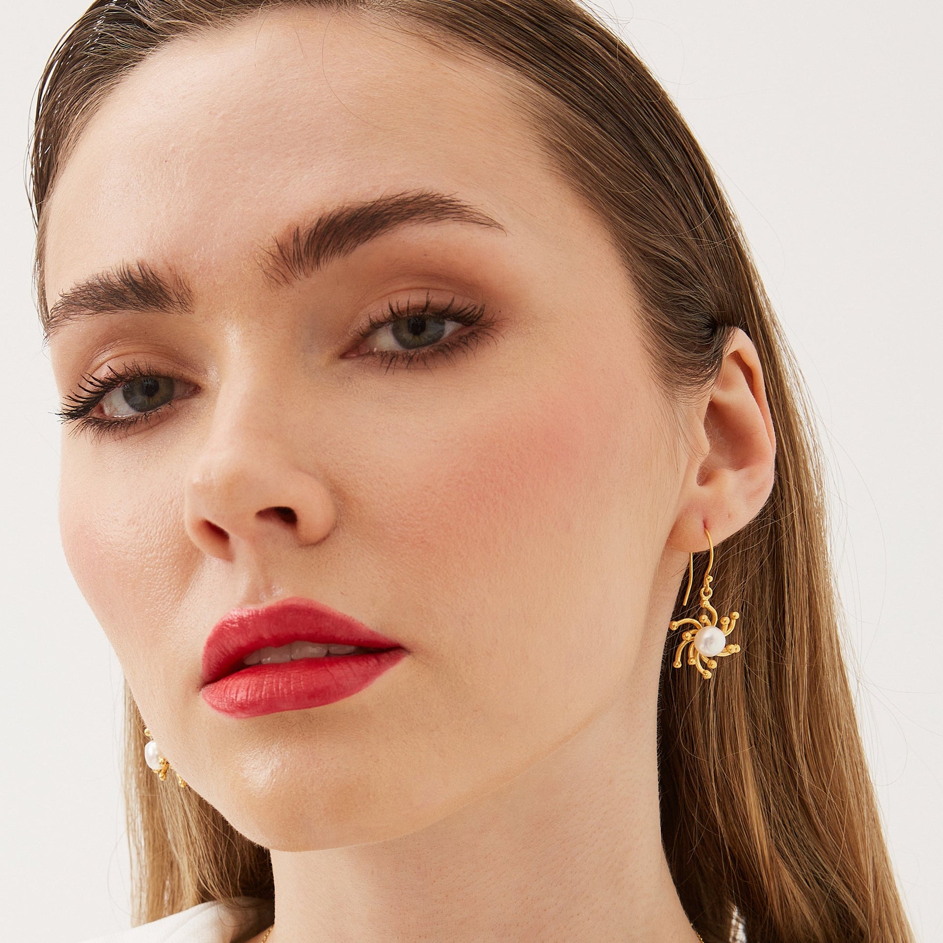 Pearl Sun Molten Dripping Sunburst Sterling Silver Drop Earring - Gold