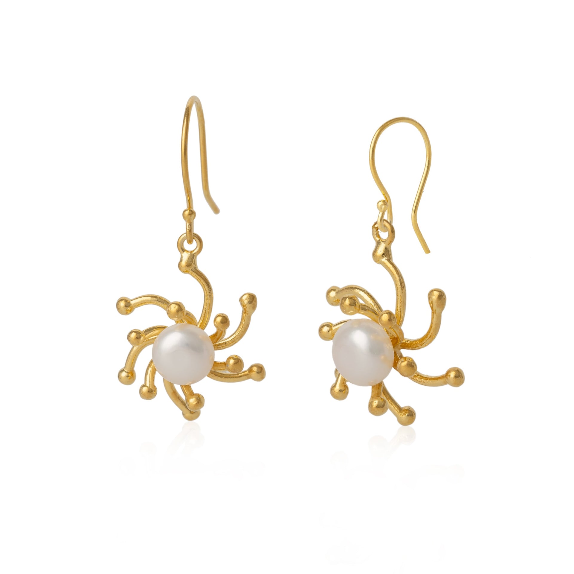 Pearl Sun Molten Dripping Sunburst Sterling Silver Drop Earring - Gold