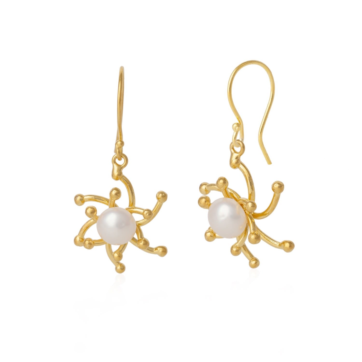 Pearl Sun Molten Dripping Two Way Sunburst Sterling Silver Drop Earring - Gold