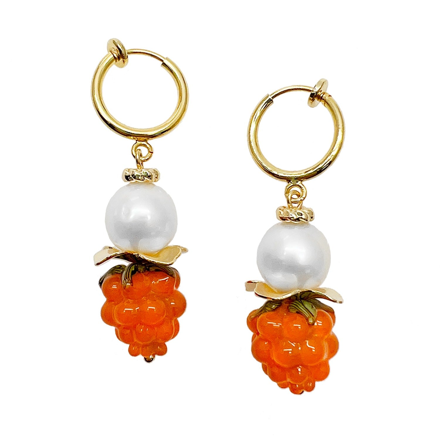 Pearls With Orange Rasberry Clip-On Earrings