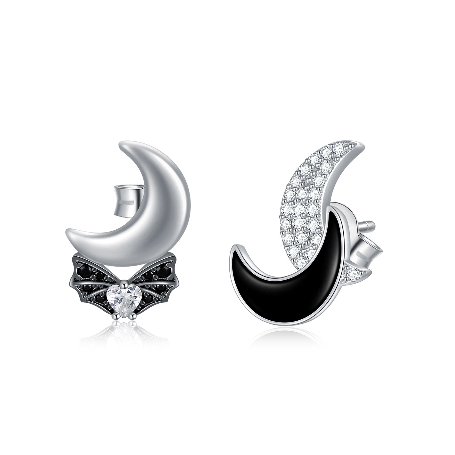 Sterling Silver Two-tone Round Zircon Bat & Moon Stud Earrings