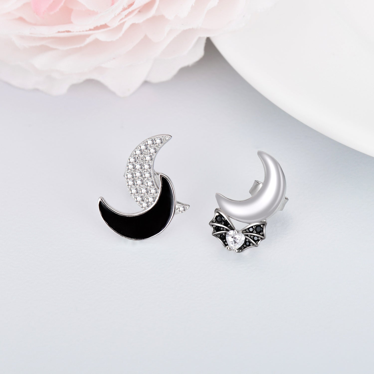 Sterling Silver Two-tone Round Zircon Bat & Moon Stud Earrings