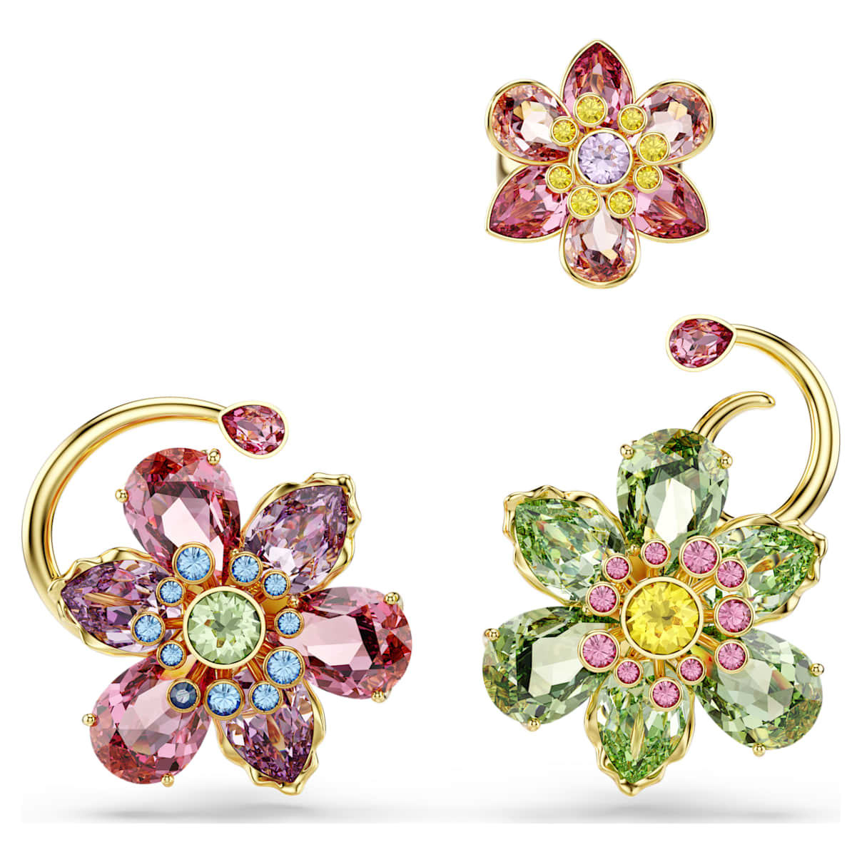 IDYLLIA EAR CUFF SET 3 ASYMMETRICAL DESIGN MIXED CUTS FLOWER MULTICOLORED GOLD TONE PLATED