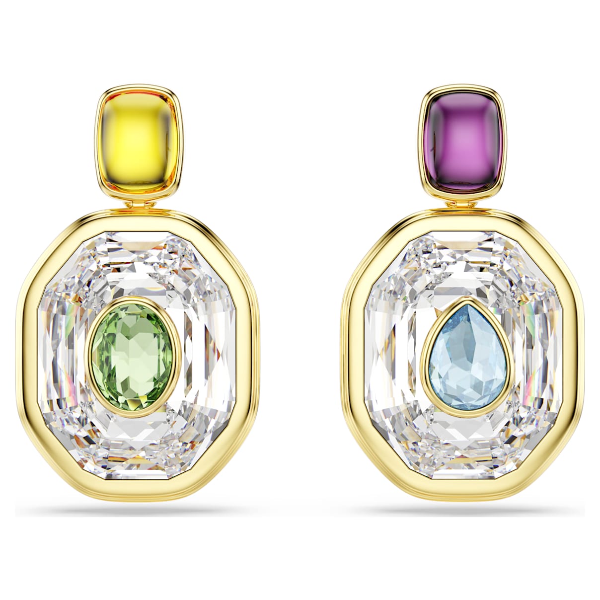 CHROMA DROP EARRINGS ASYMMETRICAL DESIGN OCTAGON CUT MULTICOLORED GOLD TONE PLATED