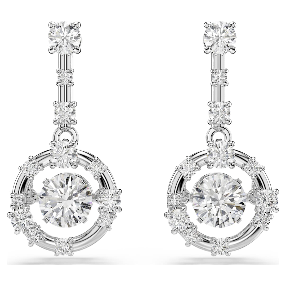 CONSTELLA DROP EARRINGS ROUND CUT DANCING STONE WHITE RHODIUM PLATED