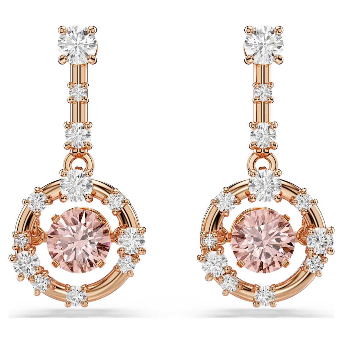 CONSTELLA DROP EARRINGS ROUND CUT DANCING STONE PINK ROSE GOLD TONE PLATED