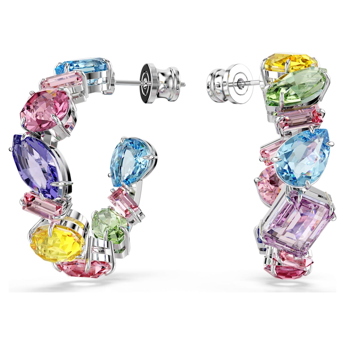 GEMA HOOP EARRINGS ASYMMETRICAL DESIGN MIXED CUTS SMALL MULTICOLORED RHODIUM PLATED