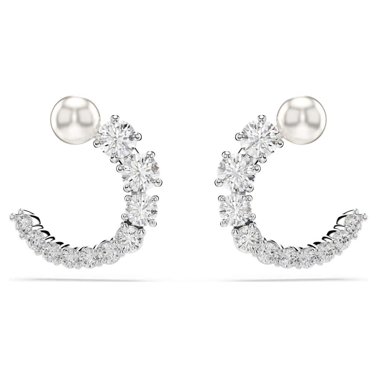 MATRIX HOOP EARRINGS CRYSTAL PEARL ROUND CUT WHITE RHODIUM PLATED