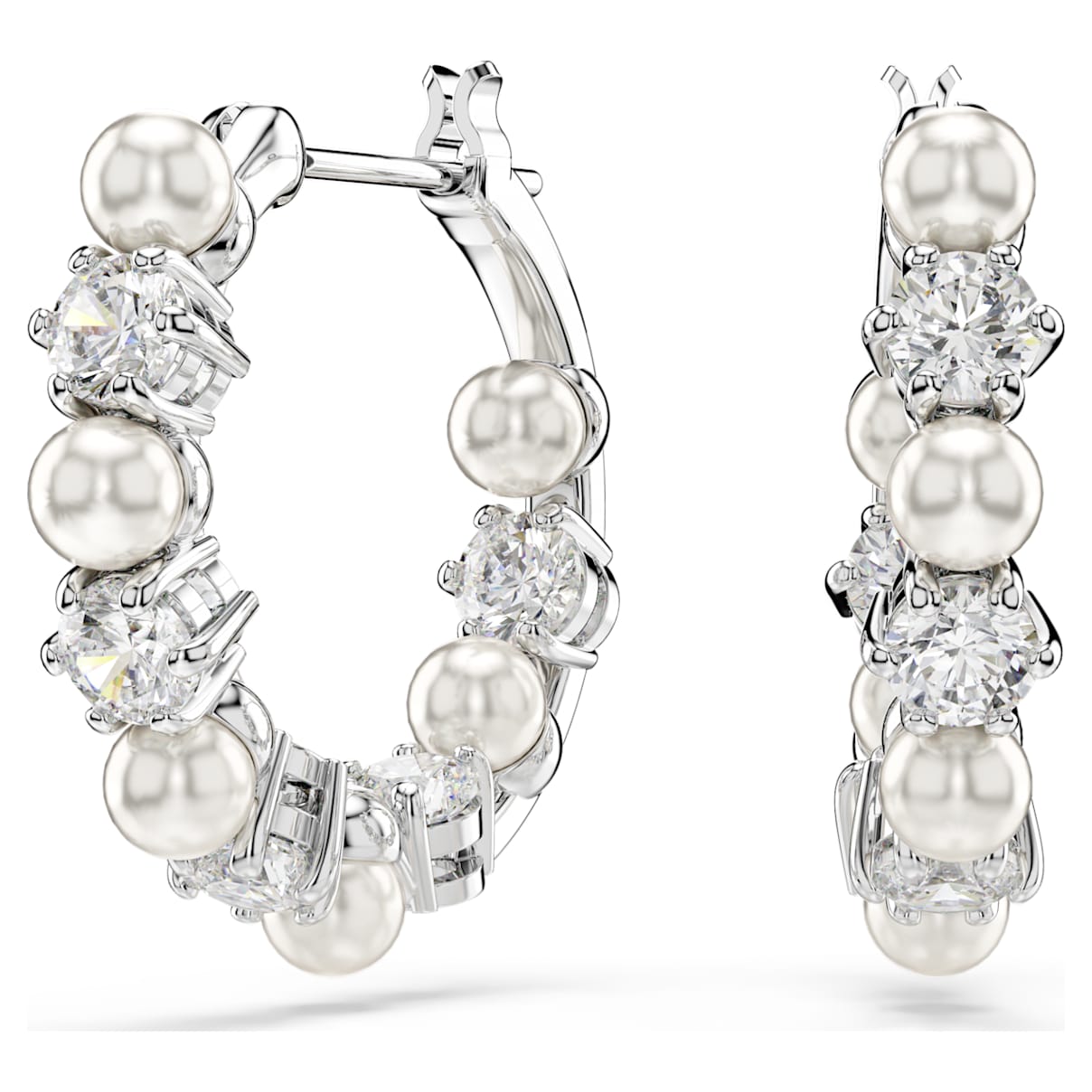 MATRIX HOOP EARRINGS CRYSTAL PEARL ROUND CUT WHITE RHODIUM PLATED