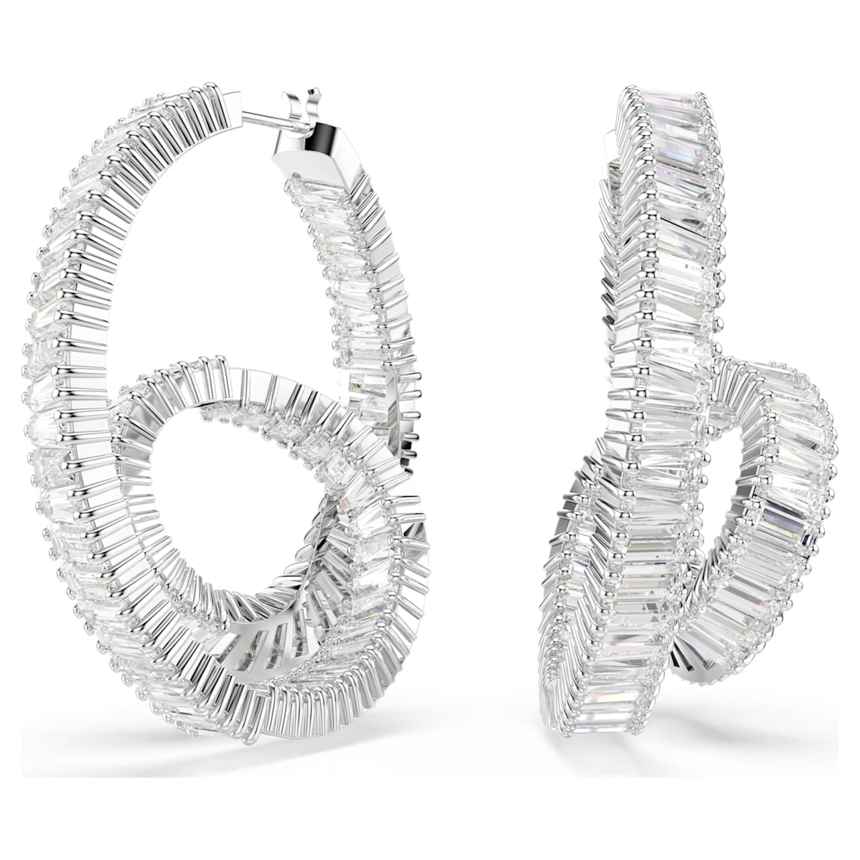 MATRIX HOOP EARRINGS BAGUETTE CUT RIBBON WHITE RHODIUM PLATED