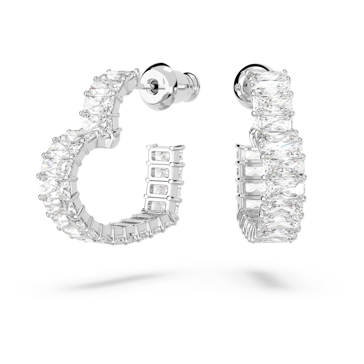 MATRIX HOOP EARRINGS BAGUETTE CUT HEART SMALL WHITE RHODIUM PLATED