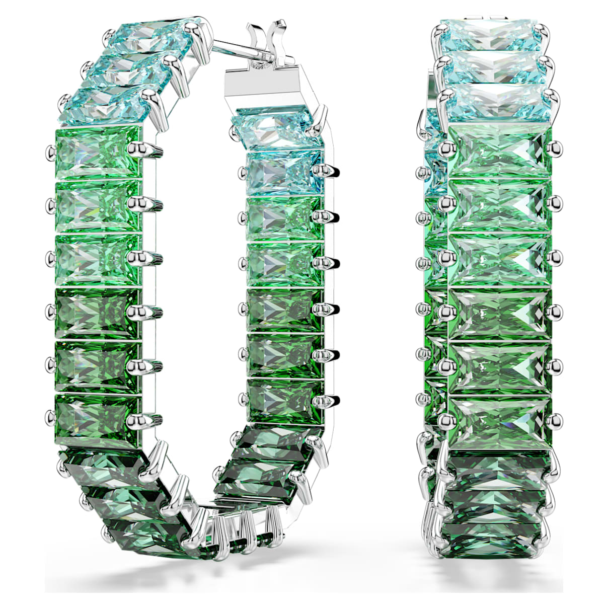 MATRIX HOOP EARRINGS BAGUETTE CUT OCTAGON SHAPE COLOR GRADIENT GREEN RHODIUM PLATED