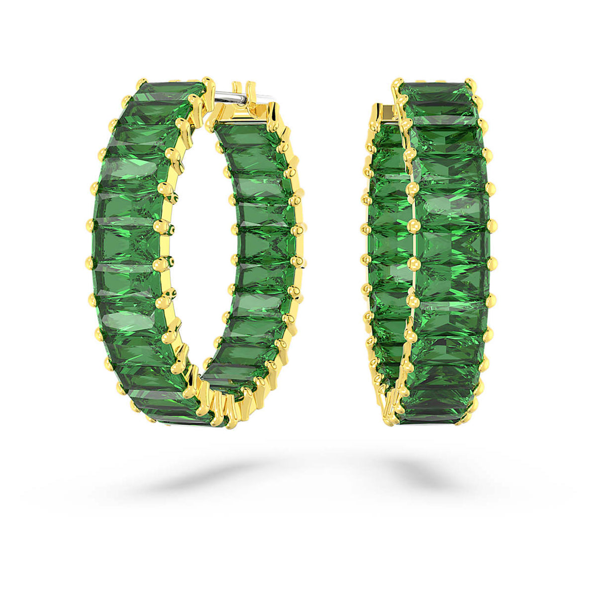 MATRIX HOOP EARRINGS BAGUETTE CUT GREEN GOLD TONE PLATED