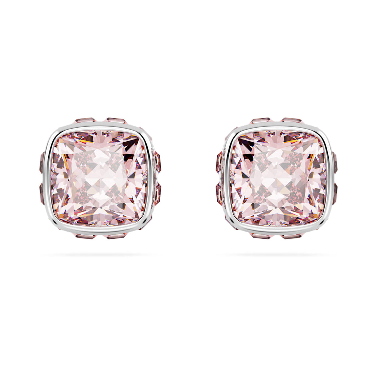 BIRTHSTONE STUD EARRINGS SQUARE CUT JUNE PINK RHODIUM PLATED