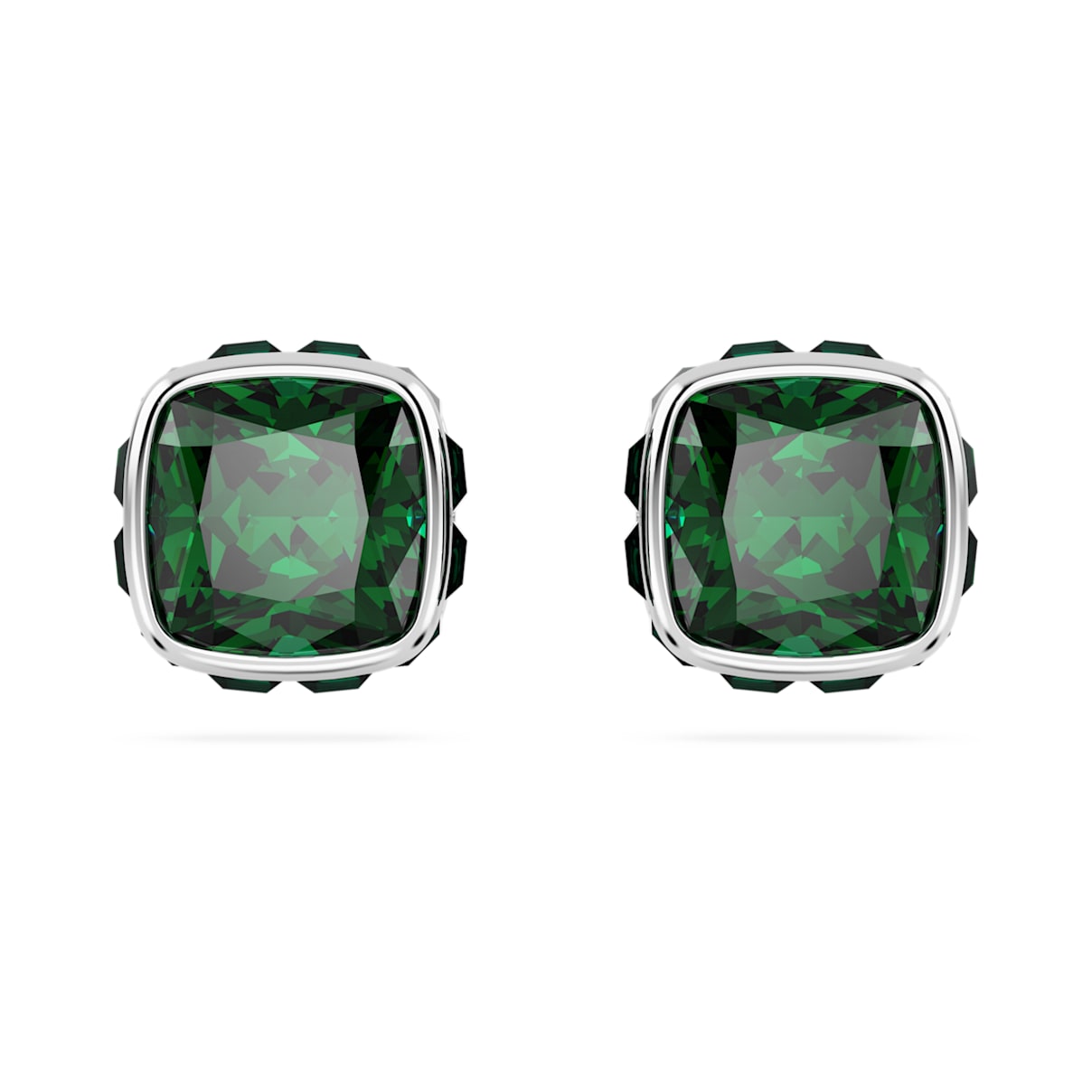 BIRTHSTONE STUD EARRINGS SQUARE CUT MAY GREEN RHODIUM PLATED