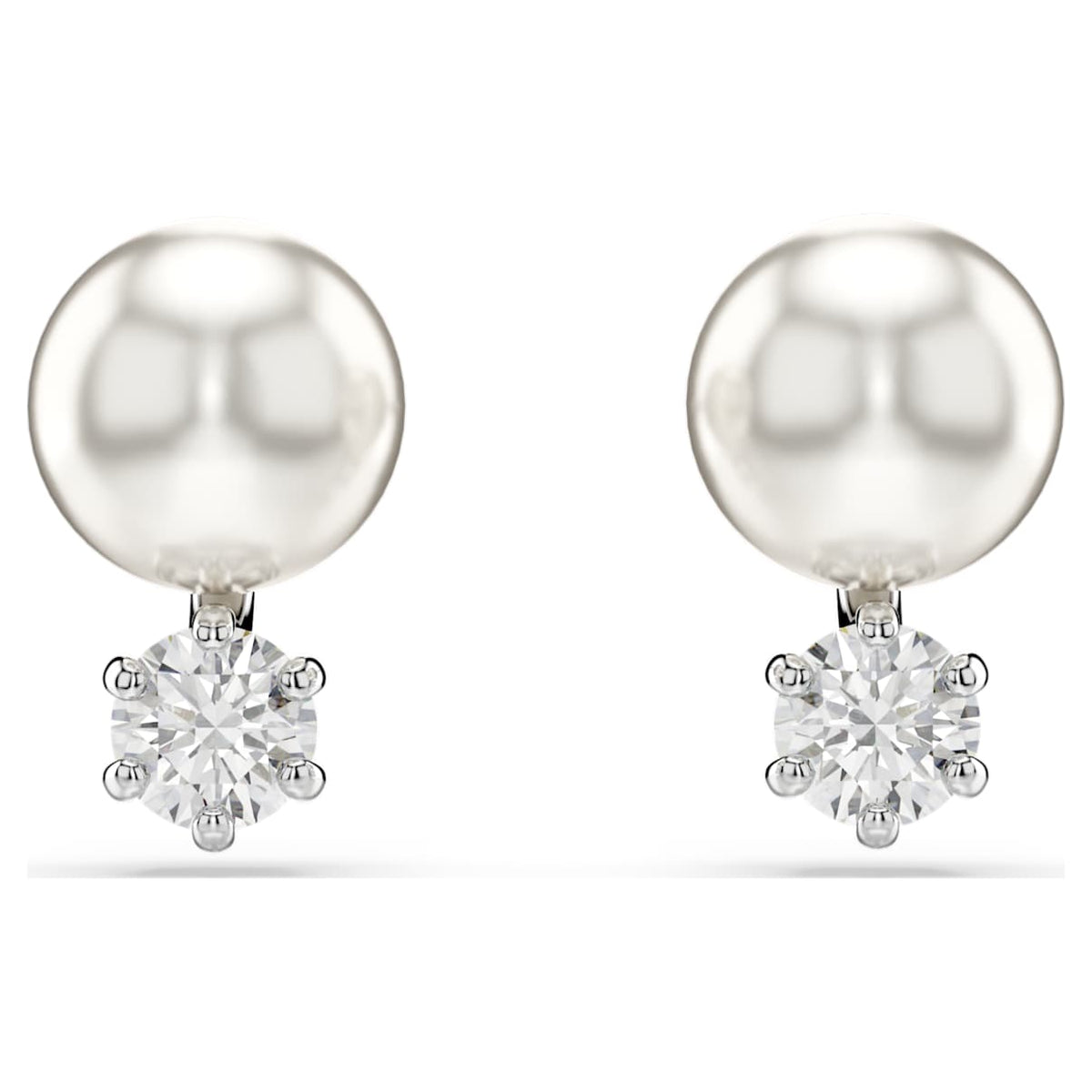 MATRIX STUD EARRINGS CRYSTAL PEARL ROUND CUT WHITE RHODIUM PLATED