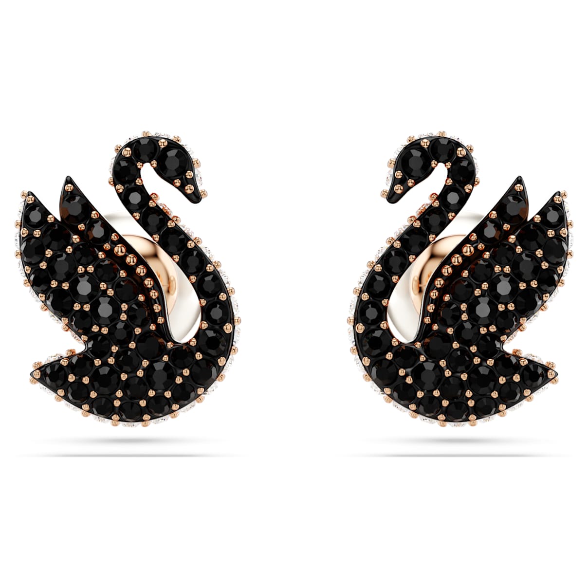 SWAN STUD EARRINGS CRYSTAL PEARL SWAN BLACK ROSE GOLD TONE PLATED