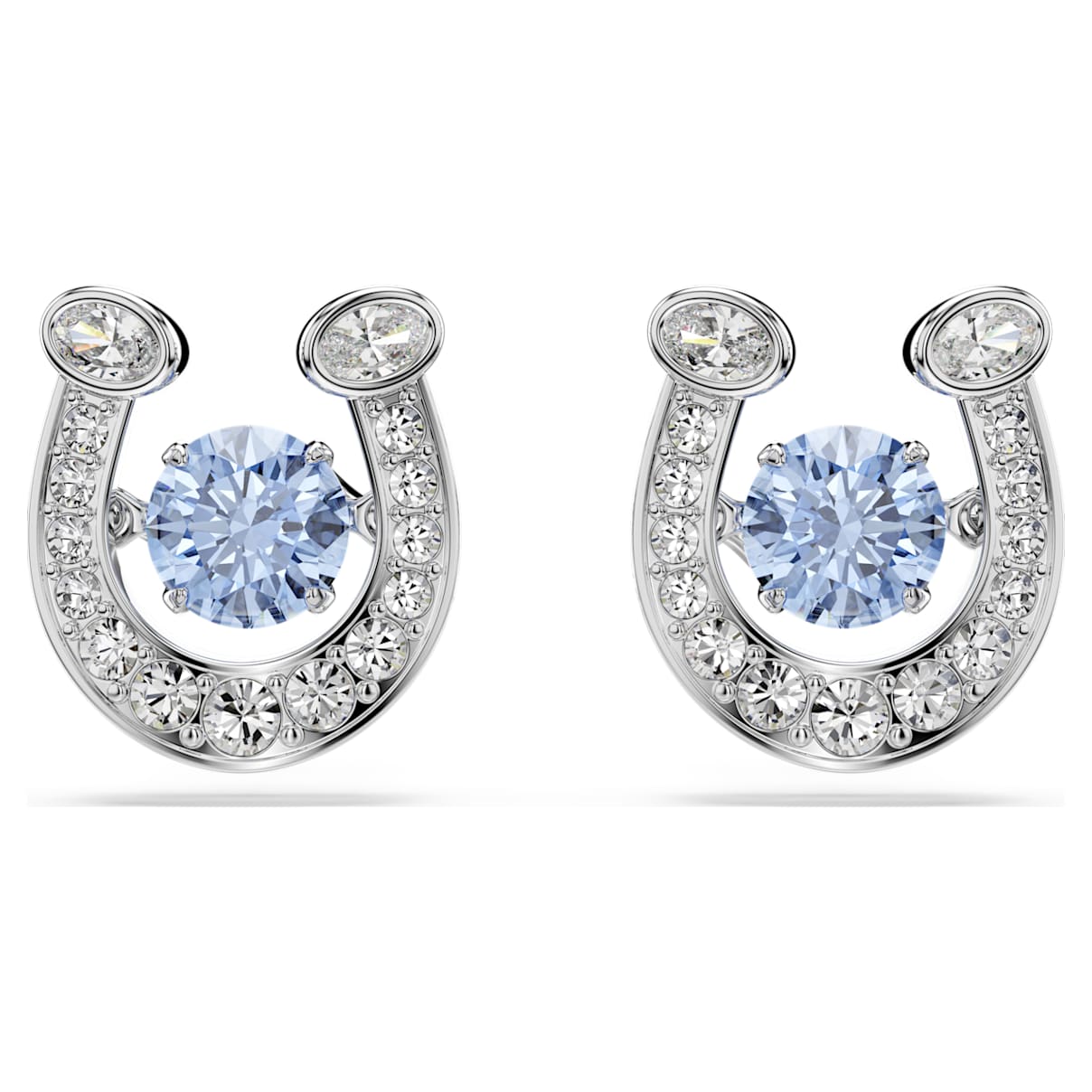 SYMBOLICA STUD EARRINGS ROUND CUT PAVE HORSE SHOE BLUE RHODIUM PLATED