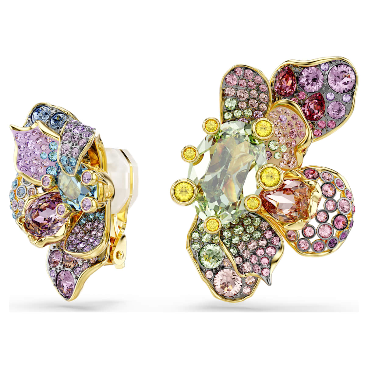 IDYLLIA CLIP EARRINGS ASYMMETRICAL DESIGN MIXED CUTS PAVE FLOWER MULTICOLORED GOLD TONE PLATED
