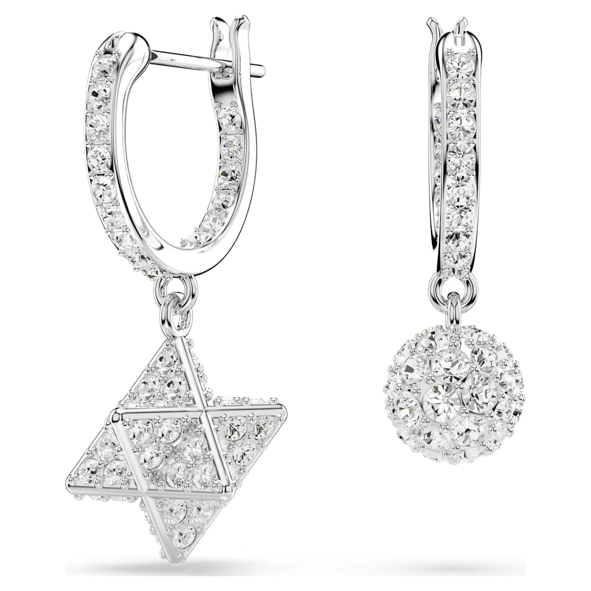 DEXTERA DROP EARRINGS ASYMMETRICAL DESIGN ROUND CUT STAR AND SPHERE WHITE RHODIUM PLATED