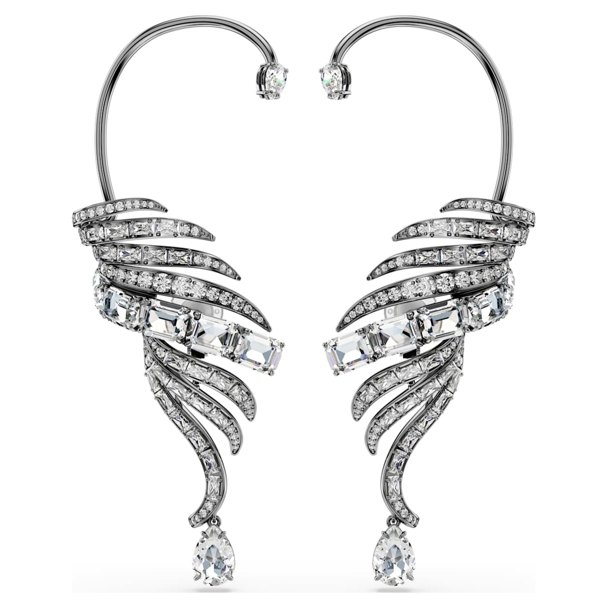 THE VIENNA COLLECTION EAR CUFFS FEATHER LARGE WHITE RUTHENIUM PLATED