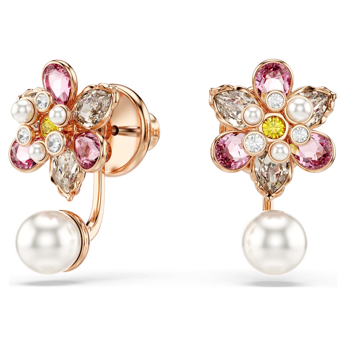 IDYLLIA EARRING JACKETS CRYSTAL PEARL MIXED CUTS FLOWER MULTICOLORED ROSE GOLD TONE PLATED