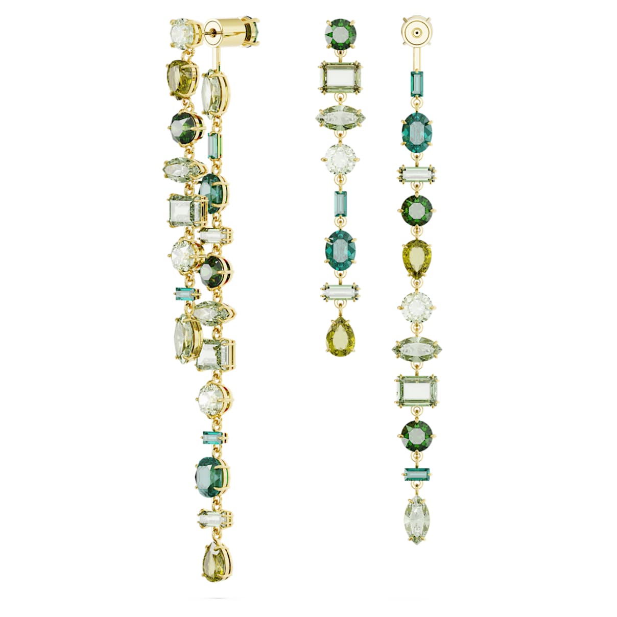 GEMA DROP EARRINGS ASYMMETRICAL DESIGN MIXED CUTS EXTRA LONG GREEN GOLD TONE PLATED
