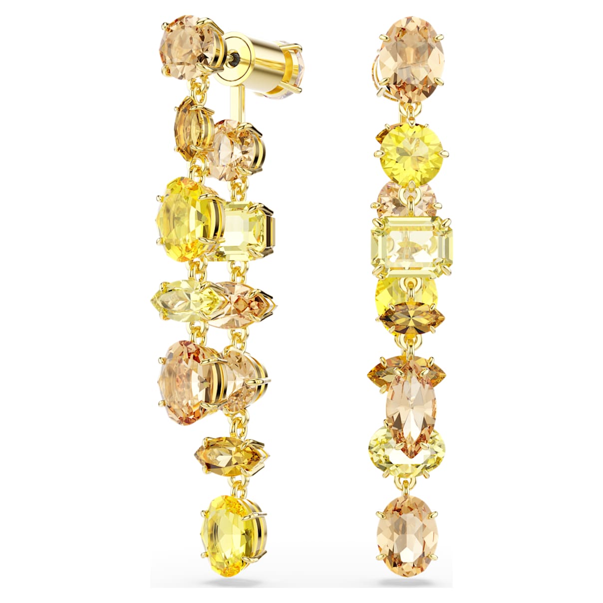 GEMA DROP EARRINGS ASYMMETRICAL DESIGN MIXED CUTS LONG YELLOW GOLD TONE PLATED