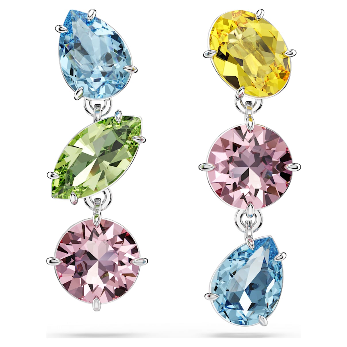 GEMA DROP EARRINGS ASYMMETRICAL DESIGN MIXED CUTS MULTICOLORED RHODIUM PLATED