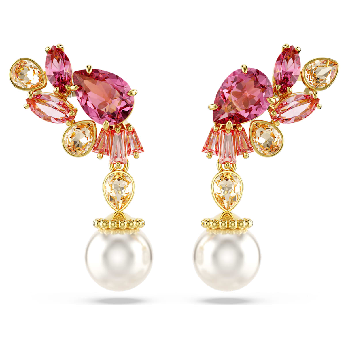 GEMA DROP EARRINGS MIXED CUTS CRYSTAL PEARLS FLOWER PINK GOLD TONE PLATED