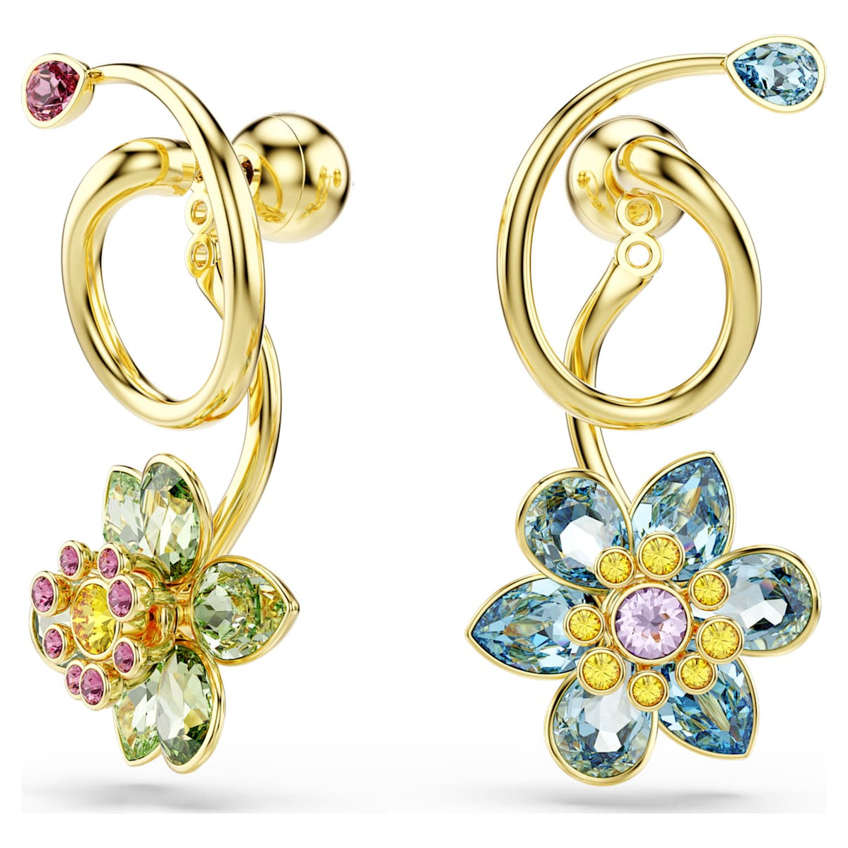 IDYLLIA DROP EARRINGS ASYMMETRICAL DESIGN MIXED CUTS FLOWER MULTICOLORED GOLD TONE PLATED