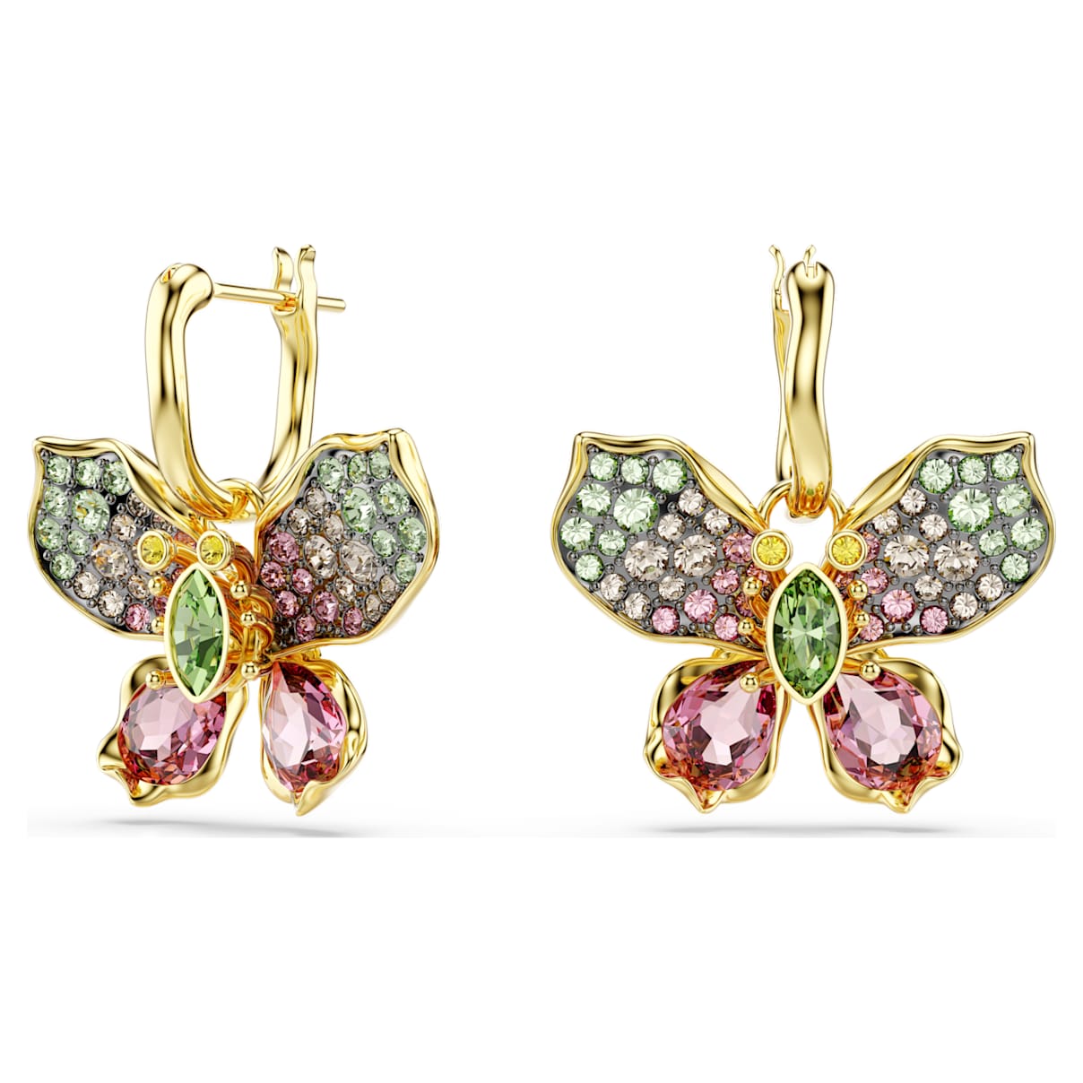 IDYLLIA DROP EARRINGS MIXED CUTS PAVE BUTTERFLY MULTICOLORED GOLD TONE PLATED