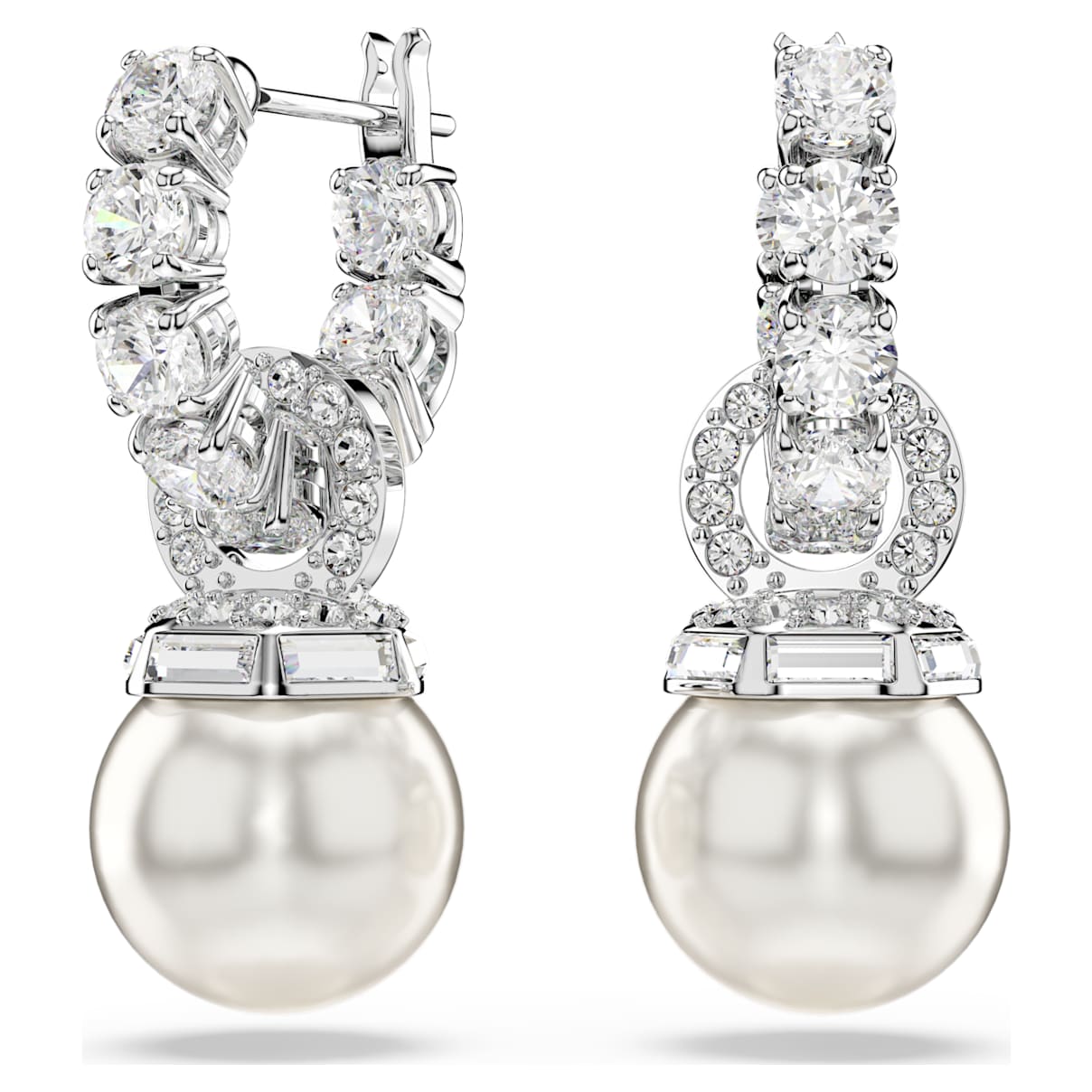 MATRIX DROP EARRINGS CRYSTAL PEARL ROUND CUT WHITE RHODIUM PLATED