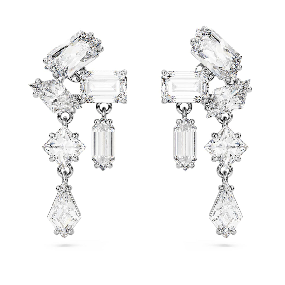 MESMERA DROP EARRINGS MIXED CUTS WHITE RHODIUM PLATED