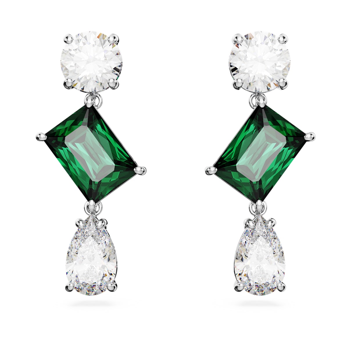 MESMERA DROP EARRINGS MIXED CUTS GREEN RHODIUM PLATED