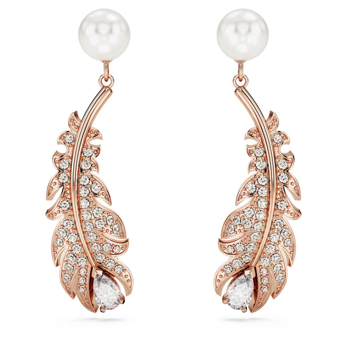 NICE DROP EARRINGS CRYSTAL PEARL MIXED CUTS FEATHER WHITE ROSE GOLD TONE PLATED