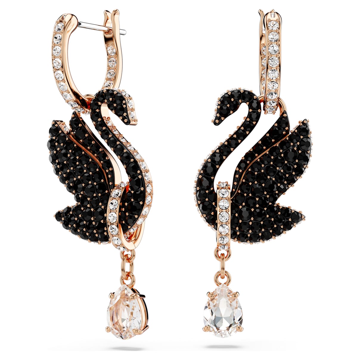 SWAN DROP EARRINGS SWAN BLACK ROSE GOLD TONE PLATED