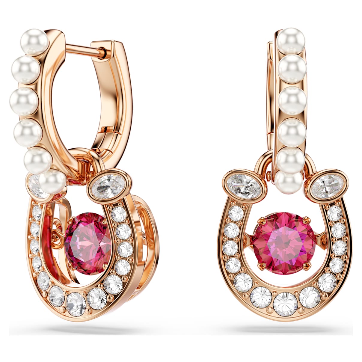 SYMBOLICA DROP EARRINGS CRYSTAL PEARL ROUND CUT PAVE HORSE SHOE RED ROSE GOLD TONE PLATED