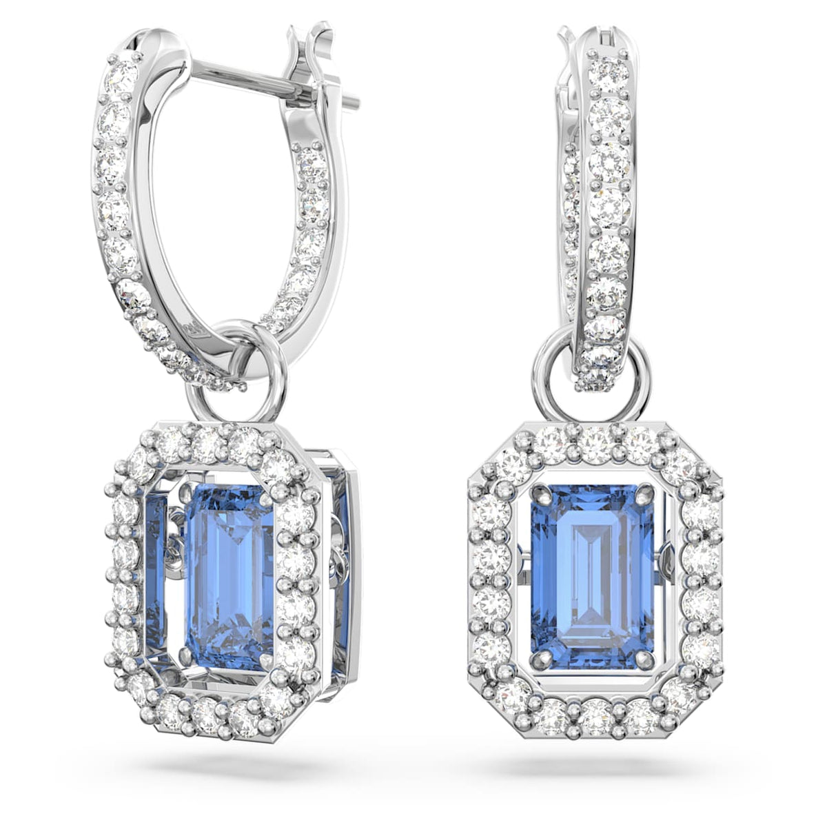 UNA DROP EARRINGS OCTAGON CUT BLUE RHODIUM PLATED