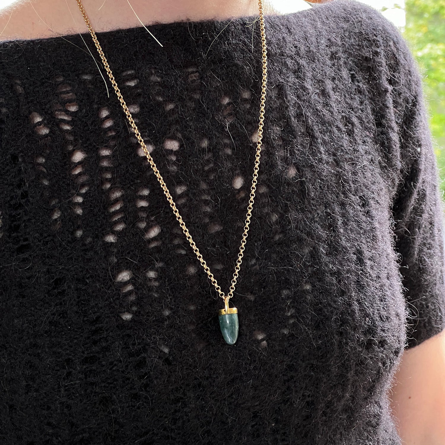 Pendulum Moss Agate Pendant On Long Baby Belcher Chain