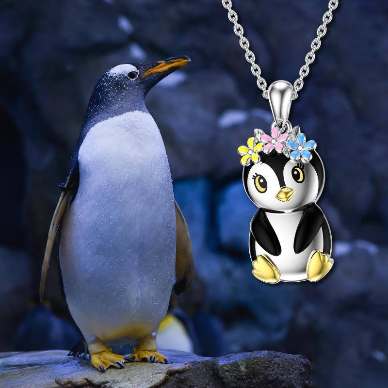 Sterling Silver Two-tone Penguin & Wildflowers Pendant Necklace