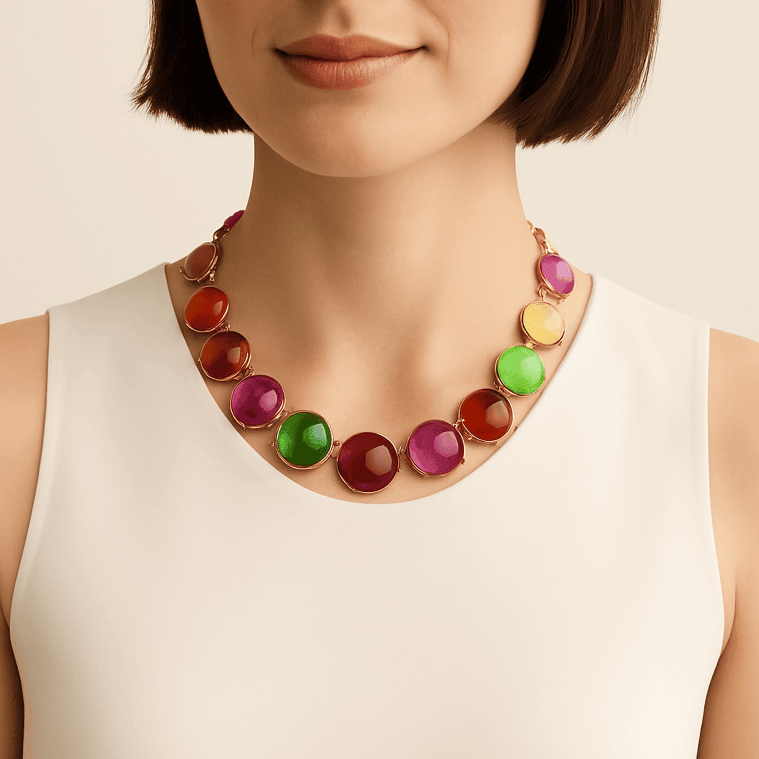 Penny Round Cabachon Multi Color Necklace