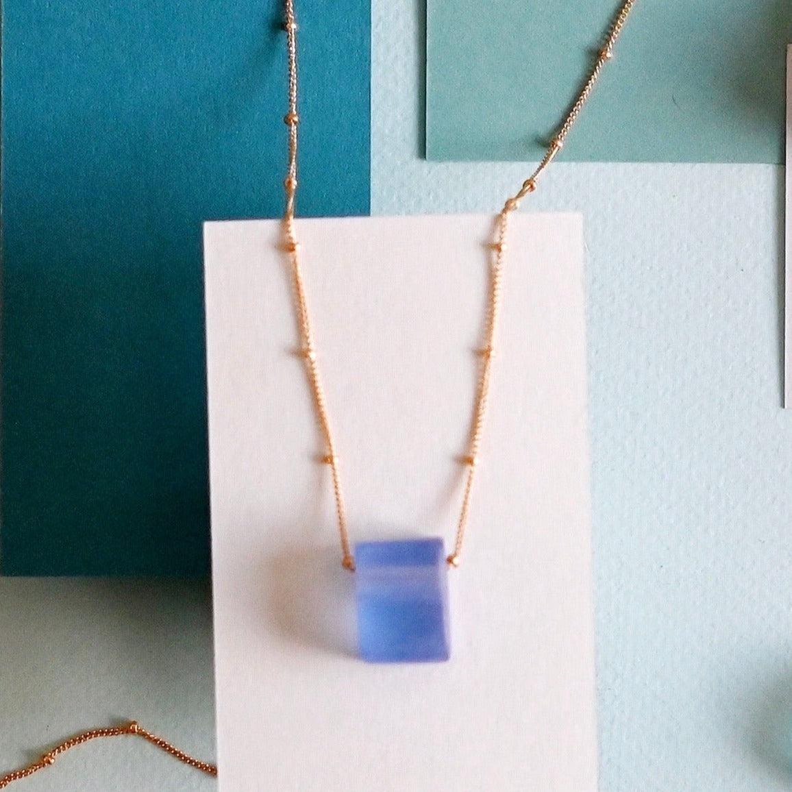 Recycled Sake Bottle Cube Necklace Gold Fill Periwinkle