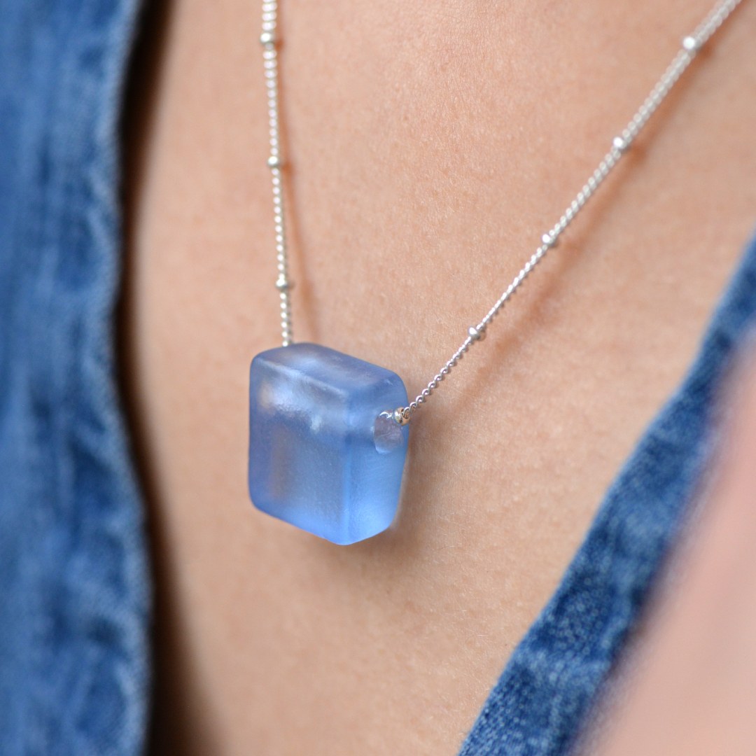 Recycled Sake Bottle Cube Necklace Sterling Silver Periwinkle