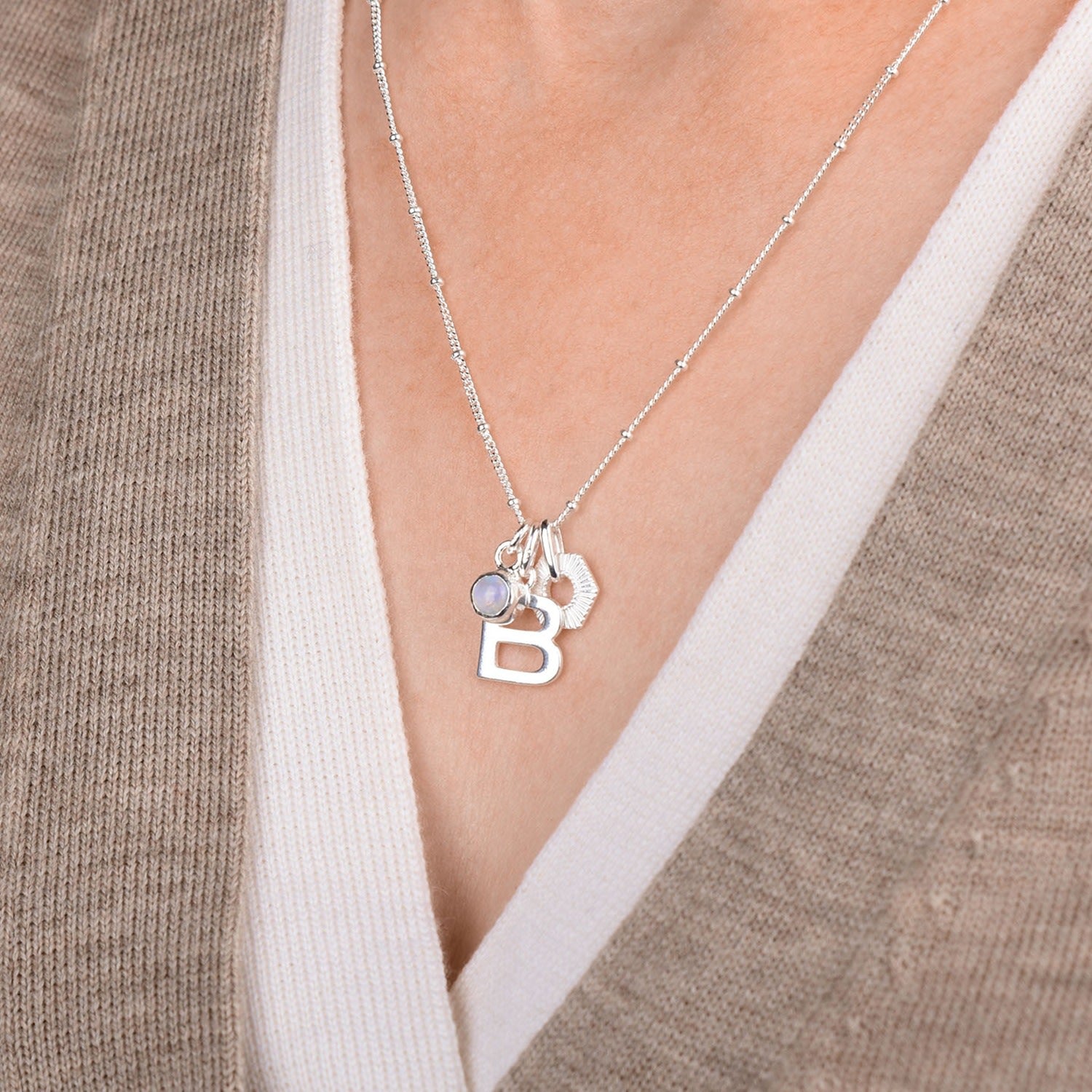 Personalised Hex Initial June Birthstone Necklace Sterling Silver - Rainbow Moonstone