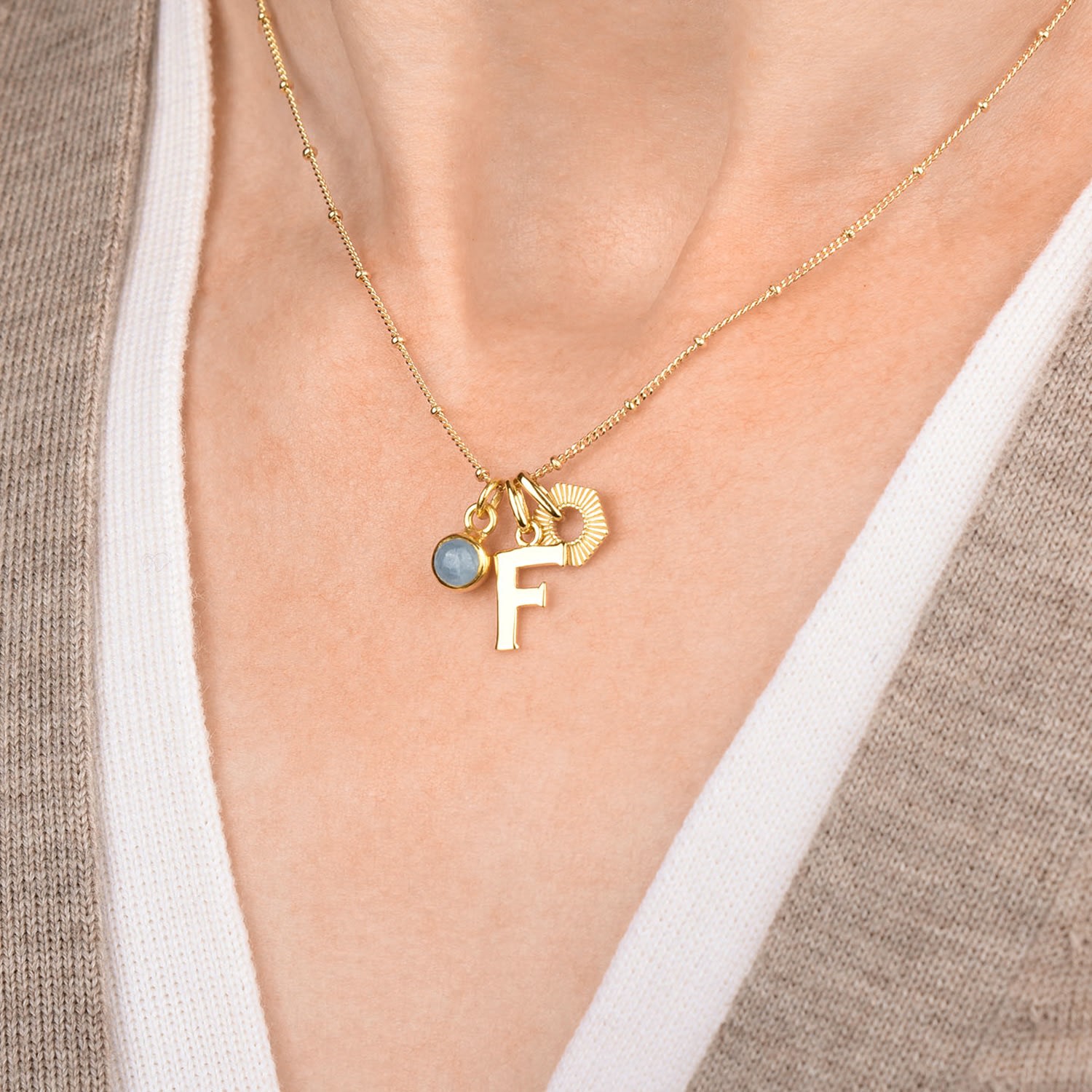 Personalised Hex Initial March Birthstone Necklace Sterling Silver - Aquamarine