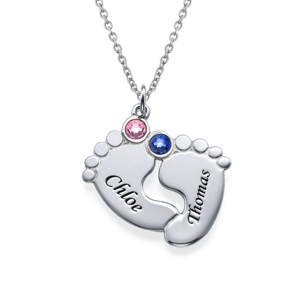 Personalized Baby Feet Necklace with Birthstones in Silver